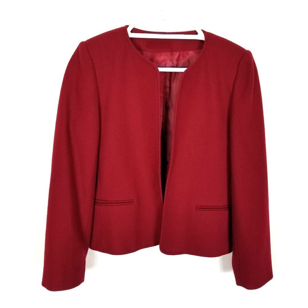 Orvis women 100% Carded Wool Blazer Jacket Size 6 Petite Maroon Open Front Prepp